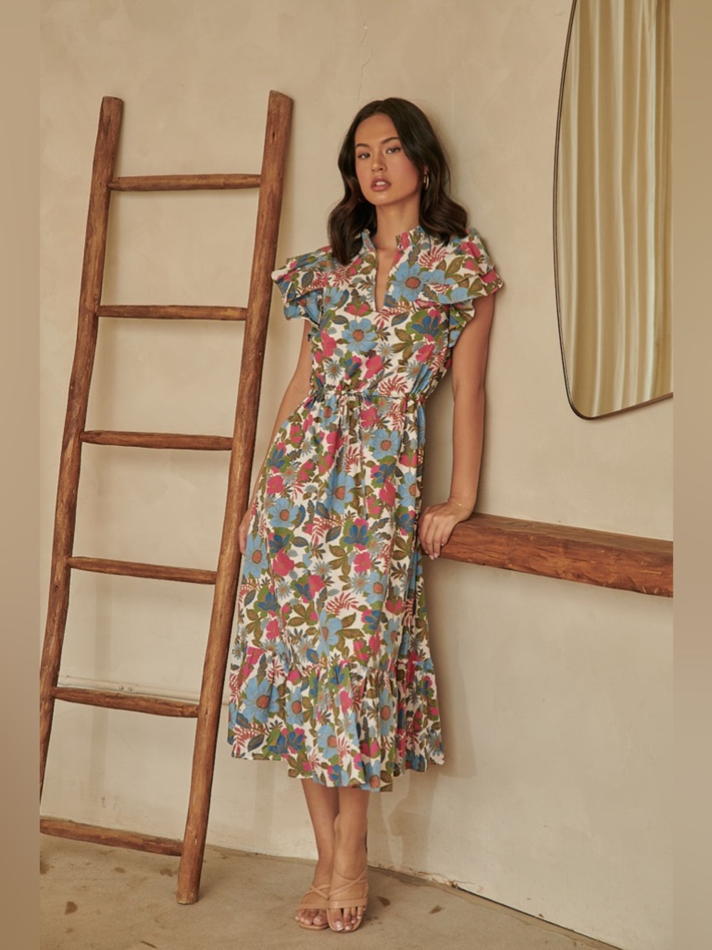 NWT Sugarlips Avitall Floral Dillan Midi Ruffle Dress